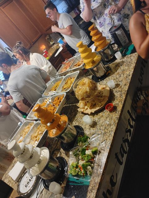 Ranch, sriracha ranch, queso and chick-fil-a sauce fountains! Ranch Fountain Wedding, Ranch Fountain, Sriracha Ranch, Board Night, Chick Fil A Sauce, Chick Fil A, Wedding Catering, Grad Party, Grad Parties