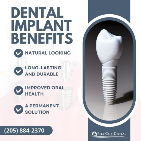 A dental implant is a great option for restoring your smile because the implant is designed to look, function, and feel just like your natural teeth, and with proper care, it can last a lifetime. For more information about the benefits of implant dentistry, and to schedule your implant consultation, please call or visit us soon. Call us ☎️ 205-884-2370 #PellCityDental #Alabama #PellCityAL #ScottBarnettDMD #Dentistry #DentalImplants Dental Design Poster, Dental Implant Poster, Dental Implants Creative Ads, Dental Post Ideas, Dental Creative Ads, Dental Information, Dental Post, Dental Ads, Dental Poster