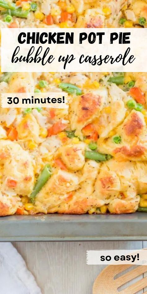 Transform your dinner routine with our easy Chicken Pot Pie Casserole. The magic of a bubble-up bake meets the convenience of canned biscuits, making it a quick and delicious family favorite! Easy Chicken Pot Pie Casserole, Bubble Up Casserole, Biscuit Pot Pie, Biscuit Crust, Pot Pie Casserole, Chicken Pot Pie Casserole, Easy Chicken Pot Pie, Canned Biscuits, Chicken And Biscuits