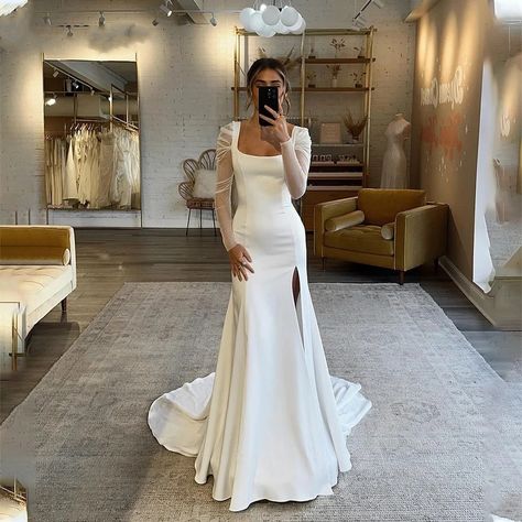 Square Collar Wedding Dress For Women Full Sleeves Simple Bridal Gowns Split Mermaid Elegant Bride Brontë Sarah Seven, Elegant Bride Dress, Collar Wedding Dress, Wedding Dress For Women, Simple Bridal Gowns, Elegant Bridal Gown, Boho Bridal Gowns, Wedding Dress Fabrics, Elegant Bride