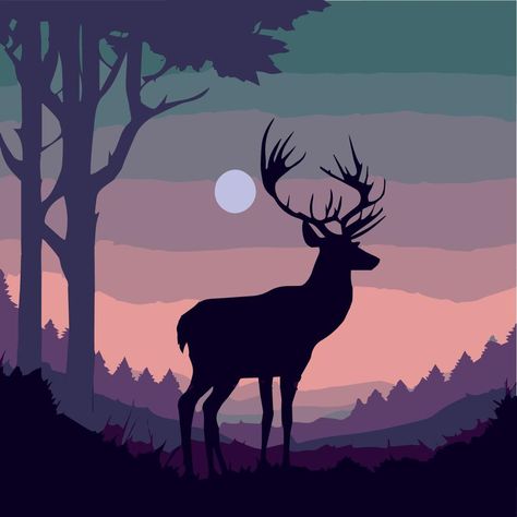 Silhouette of a deer, stag at sunrise, sunset. Beautiful vector art illustration. Deer Illustration Art, Elk Silhouette, Deer Illustration, Deer Painting, Deer Silhouette, Deer Stags, Silhouette Illustration, Animal Silhouette, Vector Art Illustration