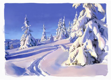 Winter Background Painting, Snow Landscape Aesthetic, Snow Watercolor, Snow Digital Art, Snow Art Background, Snow Landscape Fantasy Art, Snow Landscape Illustration, Snow Landscape Concept Art, Winter Landscape Digital Art