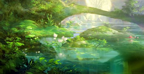 Forest Landscape Digital Art, Anime Lake Background, Anime Park Scenery, Lake Digital Art, Fantasy Lake, Lake Illustration, Lake Background, Grass Illustration, Hidden Lake