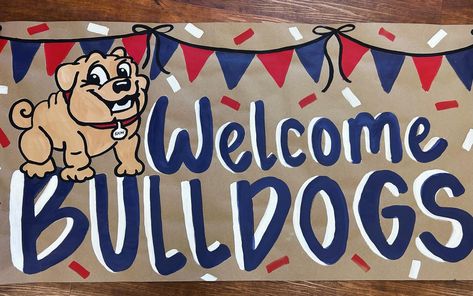 Two back to school banners shipped out! Hope you enjoy your banners bulldogs & panthers! 💕 #paintedbanner #backtoschool #customart #handpainted #personalizedbanner Pep Rally Banner Ideas, School Spirit Decor, Homecoming Banner Ideas, School Spirit Decorations, Homecoming Banners Football, School Spirit Signs, Gameday Banner, Game Day Sign, Welcome Back To School Sign