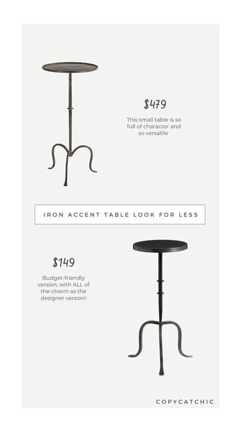 Daily Find: Burke Decor Hand-Forged Martini Table vs Pottery Barn Charleston Round Iron Accent Table, iron end table look for less, copycatchic luxe living for less, budget home decor and design, daily dupes, home trends, sales, budget travel and room inspiration Iron Base Side Table, Martini Table, Budget Home Decor, Iron Accents, Budget Home, Round Side Table, Home Trends, Burke Decor, Small Tables