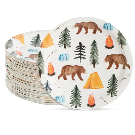 PRICES MAY VARY. Serves 80: Our camping birthday dinnerware set includes 80 colorful party plates that will instantly elevate your dining table, buffet, or dessert table setting Camping Birthday Party Supplies: The camping themed party paper plates feature a tent, bear, forest tree, sleeping bag, and campfire pattern; ideal for creating a celebratory atmosphere and perfectly coordinated theme for your upcoming party Quick And Easy Clean-Up: An ideal alternative to traditional plastic party plate Wild One Birthday Plates, Happy Camper Birthday Party, Camping Party Decorations, Camping Theme Birthday, Camping Plates, One Happy Camper, Camping Theme Party, Camping Birthday Party, 1st Birthday Party Decorations