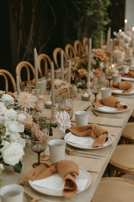 Terracotta Napkins, Wedding Dinner Table Setting, Neutral Wedding Decor, Intimate Reception, Neutral Florals, La Jolla Wedding, Earthy Wedding, Beige Wedding, Reception Dinner