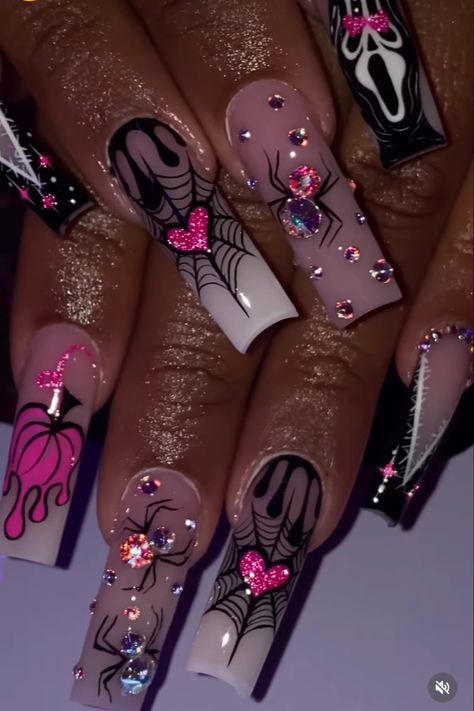 Glitter Halloween Nails Acrylic, Birthday And Halloween Nails, Pink Nail Designs Bling, Bling Spooky Nails, Blinged Halloween Nails, Glam Spooky Nails, Acrylic Nail Designs Coffin Long, Halloween Nail Designs With Rhinestones, Pink Acrylic Nails Halloween