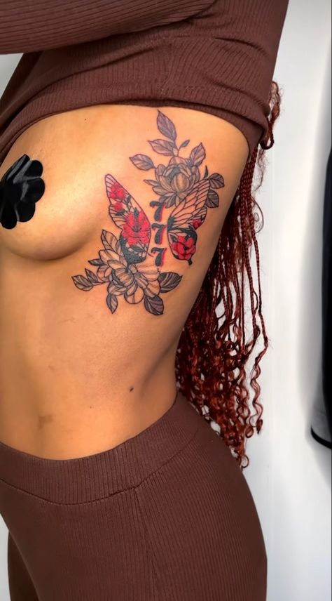 Lower Stomach Tattoos Black Women, Flower Tattoo On Side Of Stomach, Side Stomach Tattoos Butterflies, Tattoos Under Buttcheeks, Flower Tummy Tattoo, Under Buttcheek Tattoo Women, Butterfly’s On Stomach Tattoo, Side Thigh Tattoos Women, Side Stomach Tattoos