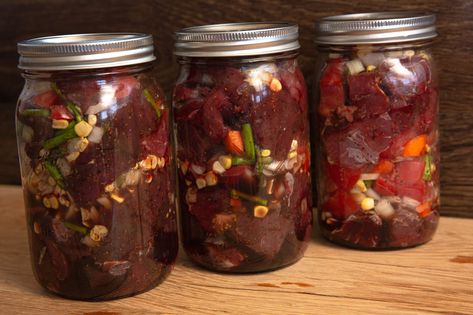 Canning venison is easier than you might think, and the results are delicious Canning Venison, Bear Meat, Canned Venison, Deer Jerky Recipe, Venison Stew, Deer Recipes, Wood Turned Bowls, Deer Meat, Canned Meat