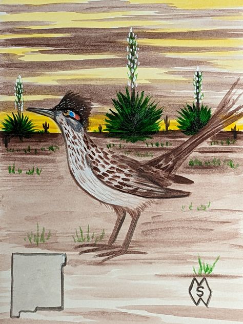 This is my acrylic painting of the New Mexico state bird and flower, which are the greater roadrunner and yucca flower. The chaparral bird is commonly called the roadrunner. The yucca can grow up to 30 feet in height. This painting is part of my state birds and flowers collection. Road Runner Painting, Roadrunner Painting, New Mexico Flowers, Roadrunner Art, Yucca Flower, Greater Roadrunner, New Mexico Art, Tile Making, Draw Doodle