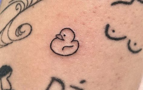 Simple Duck Tattoo Cute, Small Rubber Duck Tattoo, Mini Duck Tattoo, Rubber Duck Tattoo Outline, Duck Feet Tattoo, Chicken Nugget Tattoo, Little Duck Tattoo, Duckling Tattoo, Rubber Duck Tattoo