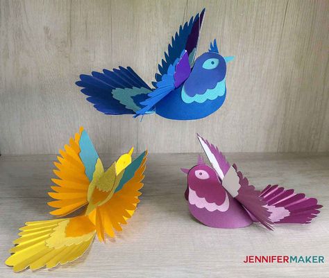 Easy 3D Paper Birds - Jennifer Maker Paper Birds Diy, 3d Paper Animals, Pets Craft, Flapping Bird, Bird Puppet, Birds For Kids, Cricut Blades, 3d Templates, 3d Paper Flowers