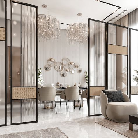 Luxury Majlis on Behance Glass Partion Design Interiors, Partion Glass Designs, Partition Between Living And Dining Modern Luxury, Glass Partition Wall Living Room, Partition Designs Modern, Partions Design Interiors, Modern Luxury Partition Design, Luxury Partition Design, Interior Partition Design