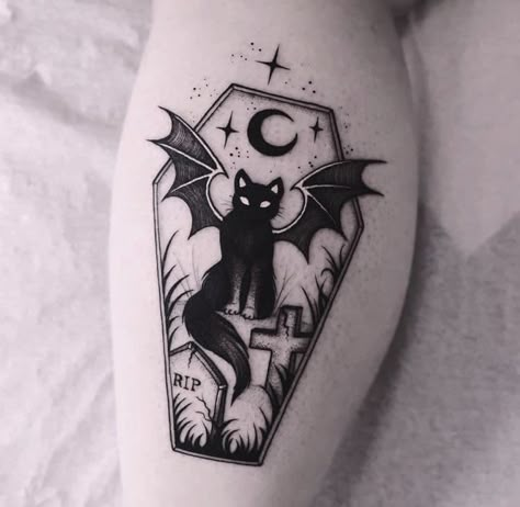 Yourself Tattoo, Coffin Tattoo, Gotik Tattoo, Cute Halloween Tattoos, Kitty Tattoos, Goth Tattoo, Black Cat Tattoos, Wicked Tattoos, Witch Tattoo