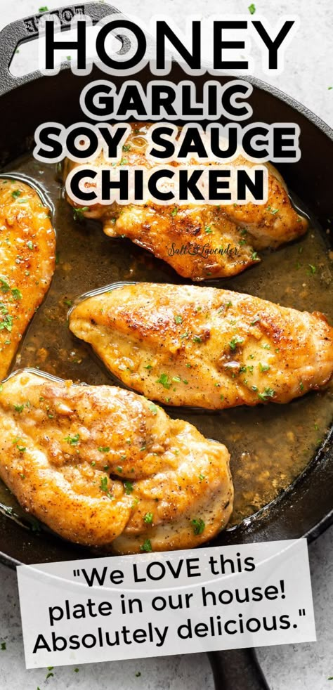 Baked Soy Sauce Chicken, Soy Sauce And Honey Chicken, Soy Sauce Garlic Chicken, One Pan Honey Garlic Chicken, Garlic Soy Sauce Recipe, Sauced Chicken Recipes, Chicken Dinner For One Person, Chicken Honey Soy Sauce Recipes, Honey Garlic Chicken Stovetop