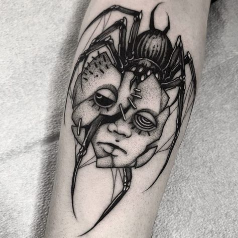 Creepy Tattoo Filler Ideas, Creepy Blackwork Tattoo, Blackwork Spider Tattoo, Gory Tattoo Designs, Creepy Face Tattoo, Creepy Doll Tattoo, Grotesque Tattoo, Creepy Tattoos Gothic, Guillotine Tattoo