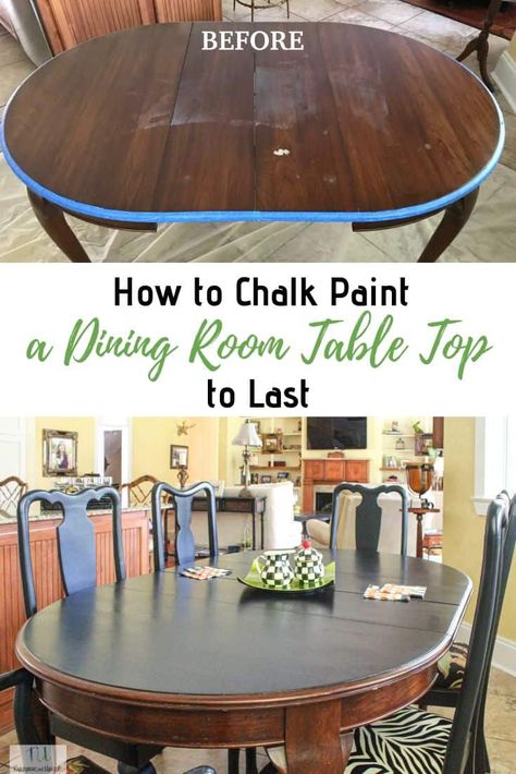 How to Chalk Paint a Table Top to Last. Dining room table makeover. The best sealer or top coat for a dining room table top. Chalk painted furniture. #chalkpaint #chalkpaintedtable #paintedtable #chalkpaintedfurniture #bestsealer #besttopcoat Paint A Table, Chalk Paint Dining Table, Chalk Paint Kitchen Table, Painted Dining Room Table, Chalk Paint Table, Refurbished Table, How To Chalk Paint, Painted Table Tops, Chalk Paint Kitchen