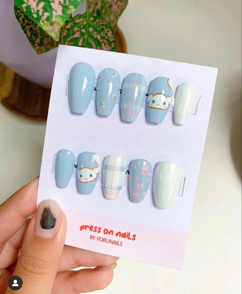 Cinnaroll Nails, Cinnamoroll Nails Short, Cinnamoroll Nails Simple, Cinnamon Roll Inspired Nails, Cinnamonroll Sanrio Nails, Acrylic Nails Cinnamoroll, Cinnamon Rolls Sanrio Nails, Sanrio Nails Cinnamoroll, Cinamoroll Nail