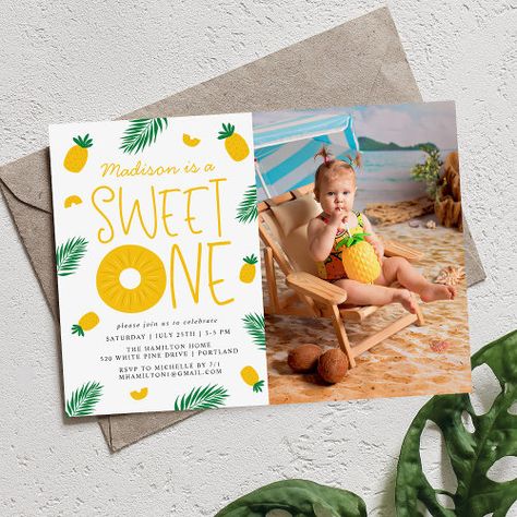 Sweet One Pineapple 1St Birthday Party Invitation #zazzle #weddinginvitations #birthdayinvitations #babyshowerinvitations #zazzleinvitations #monogram #businesscards #graduation #homedecor Tropical First Birthday Party, Sweet One Birthday Theme, First Birthday Sweet One, Pineapple First Birthday, One Birthday Theme, Pineapple Ring, Summer Birthday Invitations, Pineapple Birthday, Luau Birthday Party