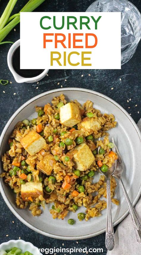 Curry Fried Rice with Tofu Fried Rice With Tofu, Rice Tofu, Curry Fried Rice, Thai Fried Rice, Leftover Rice, Vegan Curry, Fried Rice Recipe, Frozen Peas, Curry Powder