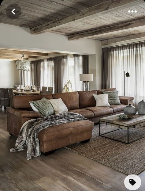 Lounge Room Ideas Leather Couch, Couch With Cover Living Rooms, Cozy Living Rooms Gray Floor, Large Leather Couch Living Room, Big Leather Couch Living Room, Leather Couch Modern Farmhouse, Living Room Couch Ideas Farmhouse, Rustic Living Room Couch Ideas, Tan Leather Reclining Sofa