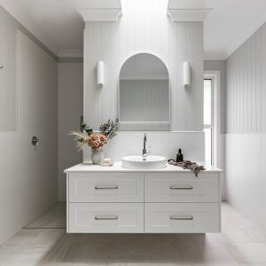 Vj Panelling Bathroom, Vj Panelling, Cottage Core Bathroom, Kitchen Oak, Condo Bathroom, Curved Bench, Bathroom Layouts, Bathroom Design Layout, Bathroom Floor Plans