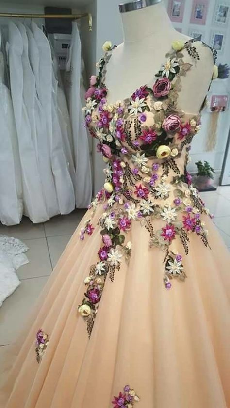 Fake Flowers On Dress, Flower Ball Gown Fairytale Fashion, Dress Covered In Flowers, 3d Flower On Dress, Flower Inspired Dress, Dress Made Of Flowers, Beautiful Gown Designs, Flower Gown, Long Flower Dress