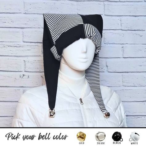 "All orders ship within two weeks. Jester / harlequin hat in solid black and black/white stripe pattern.  Jingle bells on the ends - pick your color. Hat is about 23 inches long from brim to ends. Made from 100% cotton, so it's lightweight and cool. Machine washable (though you may want to remove the bells first). Small fits head sizes 18\" to 20\". Medium fits head sizes 21\" to 24\". Large fits head sizes 25\" to 26\". The solid portion of this hat can be made in other colors as well!  Feel free to ask about your favorites!" Women Jester Costume, Clown Hat Pattern, Jester Hat Pattern Sewing, Clown Hat Diy, Clown Aesthetic Outfit, Jester Hat Pattern, Jesters Hat, Clown Hats, Jester Outfit