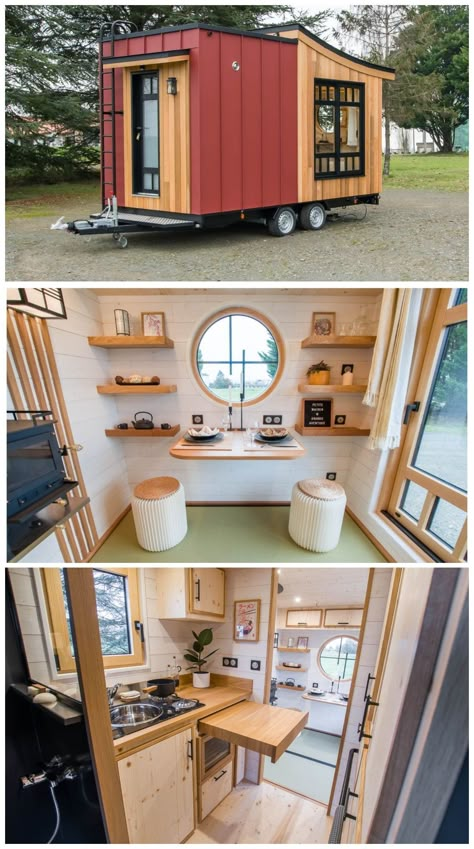 This unique, travel-friendly tiny house features an innovative layot, Japanese aesthetics, and a rooftop terrace. Peek inside this stylish, compact home on wheels! #tinyhouse A Line Tiny House, Single Slope Tiny House, Tiny House For Backyard, Travel Trailer Tiny House, Asian Tiny House, Tiny House On Wheels No Loft, 2 Story Tiny House On Wheels, 120 Sq Ft Tiny House Interior, Magical Tiny House