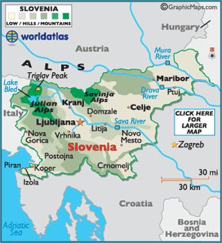 Slovenia Map / Geography of Slovenia / Map of Slovenia - Worldatlas.com Map Of Slovenia, Novo Mesto, Slovenia Travel, Physical Map, Geography Map, Country Maps, Europe Map, Central Europe, United Nations