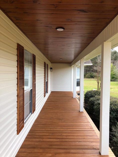 Farmhouse porch.  Stained wood ceiling, shutters & porch floor Stained Wood Ceiling, Porch Banister, Porch Stain, Porch Floor Ideas, Porch Wood, Front Porch Makeover, Porch Remodel, Porch Floor, Porch Ceiling