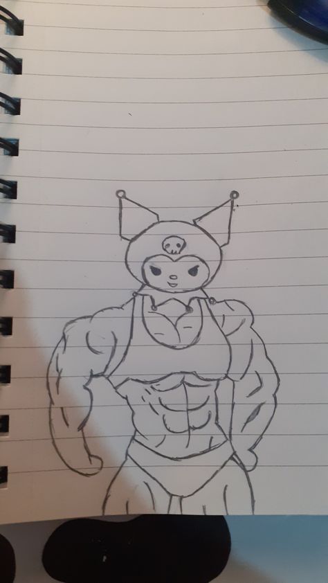 Kuromi Muscle, Kuromi Sketch, Kuromi Doodle, Sanrio Characters Drawing, Gym Drawing Art, Gym Doodles, Hello Kitty Muscle, Gym Sketch, Simple Cartoon Drawings