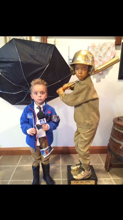 2015 Halloween Costumes: Paxton-Weather Channel Weather Man reporting from Hurricane Patricia, and Camden-A Baseball Trophy Weather Man Costume, Career Day Costumes For Kids, Career Day Costumes, Diy Customes, Baseball Trophy, 2015 Halloween Costumes, Homecoming Spirit Week, Homecoming Spirit, Diy Halloween Costumes For Women