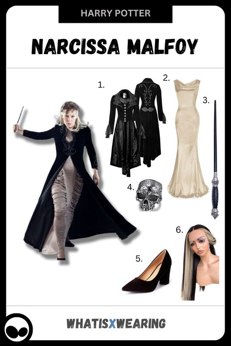 Dress like Narcissa with our step-by-step costume guide. Part of our Female Harry Potter Costume Collection. Narcissa Malfoy Hairstyle On Curly Hair, Narcissa Malfoy Costume, Lucius Malfoy Outfit, Narcissa Malfoy Cosplay, Lucius Malfoy Costume, Narsicca Malfoy, Harry Potter Narcissa, Bellatrix Andromeda Narcissa, Female Harry Potter