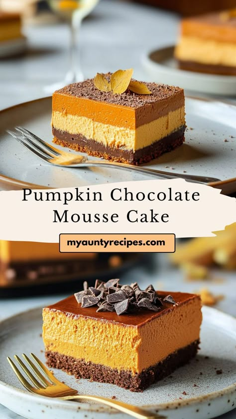 Enjoy the ultimate fall dessert with this Pumpkin Chocolate Mousse Cake! Perfect for fall recipes, it blends layers of fluffy chocolate mousse with spiced pumpkin cake. Serve this at gatherings or savor it on cozy evenings to experience all the flavors of autumn in one delicious bite. Pumpkin Mousse Entremet, Easy Pumpkin Tiramisu, Pumpkin Toffee Pudding Cake, Pumpkin Chocolate Desserts, Pumpkin Chocolate Recipes, Quick Potluck Desserts, Fall Chocolate Desserts, Creative Fall Desserts, Pumpkin Chocolate Mousse