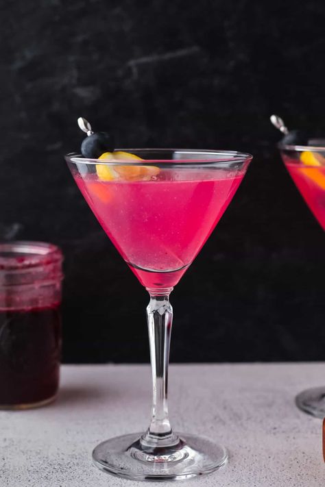 Blueberry Lemon Drop Martini Blueberry Syrup Recipe Easy, Blueberry Lemon Drop Martini, Alcohol Infused Fruit, Blueberry Lemon Drop, Infused Fruit, Blueberry Syrup Recipe, Elderflower Martini, Blueberry Martini, Lemon Drop Shots