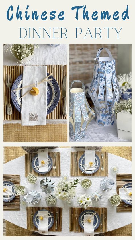 It's tablescape day for my dinner club and we're hosting an Asian inspired gathering. I'm sharing the best ideas for hosting a Chinese themed dinner party. My great grandmothers blue transferware with an Asian pattern was the inspiration for my Chinese themed table decor. Bamboo placemats, chopsticks, fortune cookies and Chinese takeout containers were other elements I incorporated. An Asian pattern teapot and the take-out containers made great vases for flowers for the centerpiece. Chinese Table Setting, Chinese Theme Parties, Asian Party Themes, Themed Dinner Party, Chinese Party, Chinese Dinner, Asian Pattern, Bamboo Placemats, Asian Party