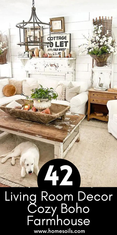 Transform your space with 42 cozy Boho farmhouse living room decor ideas! Blend rustic charm with eclectic patterns, natural textures, and warm tones to create a comfortable and inviting atmosphere. Perfect for a stylish and relaxed home. Bohemian Farmhouse Living Room Ideas, Farmhouse And Boho Style, Boho Farmhouse Tv Stand Decor, Boho Rustic Decor Living Room, Boho Meets Farmhouse Decor, Cozy Boho Farmhouse Living Room, Boho Rustic Living Room Ideas, Wood And White Living Room, Boho Cottage Living Room