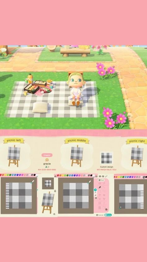 Animal Crossing Pixel Designs, Animal Crossing Patterns Design, Animal Crossing Floor Patterns, Picnic Blanket Pattern, Motif Animal Crossing, Acnh Motifs, Animal Crossing Patterns, Acnh Patterns, Animal Crossing 3ds