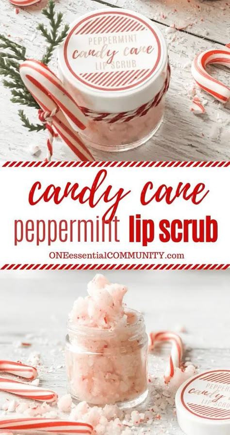 4-ingredient DIY peppermint lip scrub {made with essential oil}. It's easy to make, plus it smells and tastes like candy canes! Great homemade Christmas gift with essential oil. essential oil recipe, peppermint sugar scrub, essential oil make & take, Young Living, doTERRA, Plant Therapy. Homemade Sugar Scrub Christmas, Peppermint Lip Scrub Diy, Essential Oil Lip Scrub, Candy Cane Lip Scrub, Diy Christmas Gifts With Essential Oils, Peppermint Scrub Diy, Christmas Scrubs Diy, Candy Cane Scrub, Christmas Lip Scrub