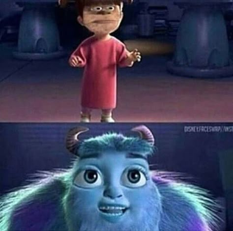 Monsters Inc. face swap Funny Face Swap, Laughing Funny, Funny Disney Memes, Funny Disney Jokes, Miku Hatsune, Disney Jokes, 웃긴 사진, Funny Face, Very Funny Pictures