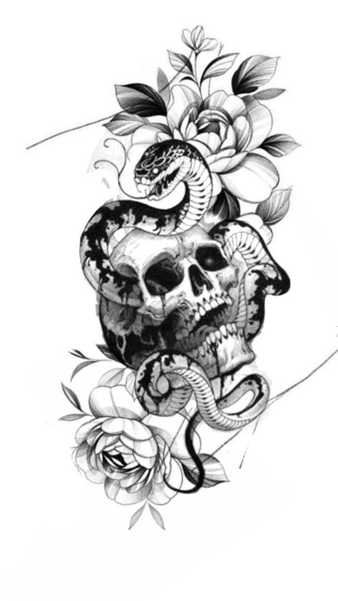 Snake Skull Rose Tattoo Design, Skull Tattoo Designs For Women, Snake And Skull Hip Tattoo, Snake Skull Rose Tattoo, Unique Women Arm Tattoos, Snake Tattoo Large, Skull Rose Tattoo For Women, Skull Snake Flower Tattoo, Skull Hip Tattoos Women