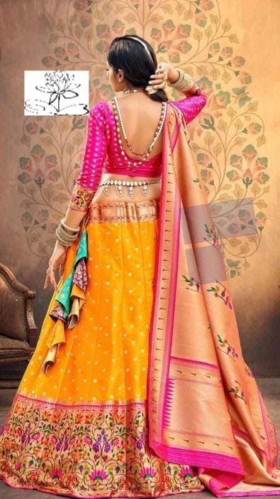 Paithani Lehenga sets Paithani Lehenga, Paithani Blouse, Elegant Boutique, Fancy Lehenga, Orange Lehenga, Kalamkari Fabric, Yellow Lehenga, Lehnga Dress, Patiala Suit