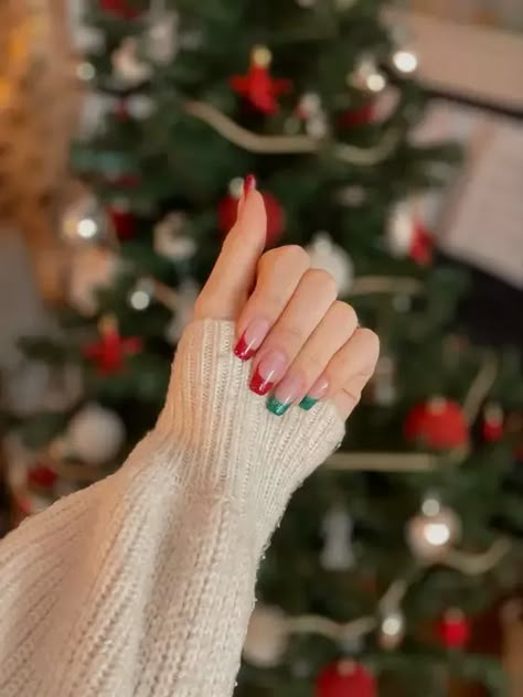 40+ Trendy Christmas Nails To Try This Holiday Season (2023) Xmas Nails Simple Sparkle, Green And Red Nails Ideas, Red And Green Tips Nails, Christmas Nails Red And Green French Tip, Red White And Green French Tip Nails, Cute Christmas Nails Simple French Tips, Red And Green Tip Nails, Red And Green French Nails, Green And Red Christmas Nails Acrylic