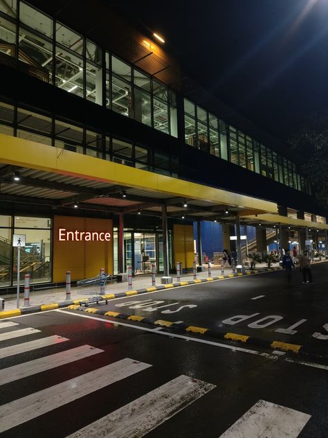 Airport asthetic Airport Entrance, Airport Kpop, Airport Aesthetic, At Night, Entrance, Road, Building, Quick Saves