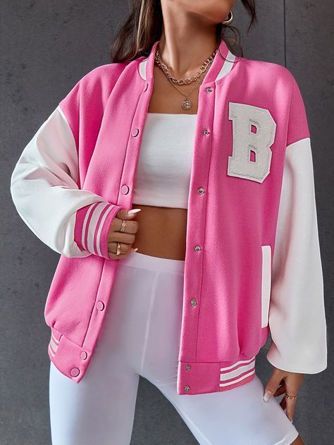 Pink Letterman Jacket Outfit, Pink Senior Jacket, College Jacket Aesthetic, Pink Varsity Jacket Outfit, Varsity Jacket Pink, Hot Pink Clothes, Purple Shirt Outfits, Letterman Jacket Outfit, Pink Varsity Jacket