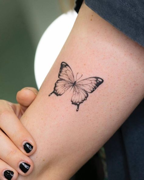 Timeline Butterfly Tattoo, Three Butterflies Tattoo Arm, Butterfly Tattoo Tricep, Butterfly Tattoo Upper Arm, Line Work Butterfly Tattoo, Butterfly Tattoo Back Of Arm, Creative Butterfly Tattoo, Morpho Butterfly Tattoo, Butterfly Fine Line Tattoo