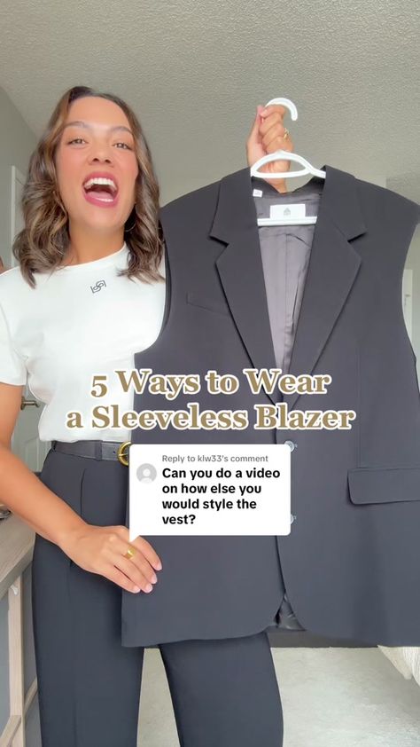 Styling a Vest: 5 Ways to Wear a Sleeveless Blazer | TikTok How To Wear A Long Vest Outfits, Sleeveless Blazer Styling, Sleeveless Waist Coat Outfit Women, Sleeveless Blazer Outfits For Women, Oversized Blazer Vest Outfit, How To Style Sleeveless Blazer, Long Sleeveless Blazer Outfit, Longline Vest Outfit, Sleeveless Blazer Outfit Winter