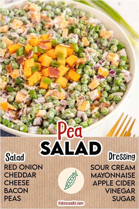 A delicious and easy to make pea salad that's perfect for summer! Featuring peas, bacon, cheese, and a creamy homemade dressing. Pin now and try it later! Classic Pea Salad, Creamy Pea Salad, Peas Bacon, Pea Salad With Bacon, Pea Salad Recipes, Creamy Peas, White Bean Salad, Hearty Casseroles, Best Bread Recipe